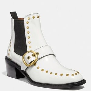 COACH~nora chelsea~BOOTIE WITH STUDS~BLACK & WHITE PATENT LEATHER